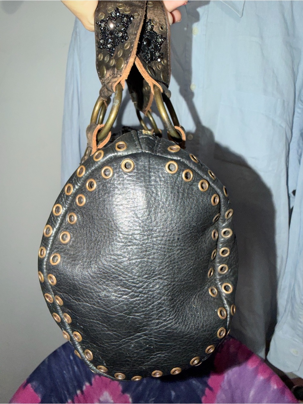 Vintage Betsey Johnson Black Studded Leather Satchel Handbag - Picture 4 of 7